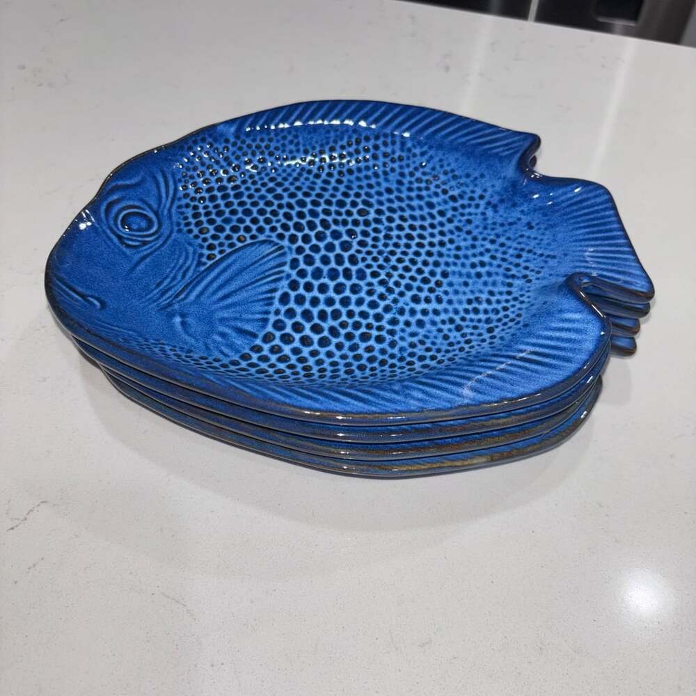 Vintage Uttermost Cobalt Blue Fish Plates 9.5” Ceramic Dishes Set of 4
